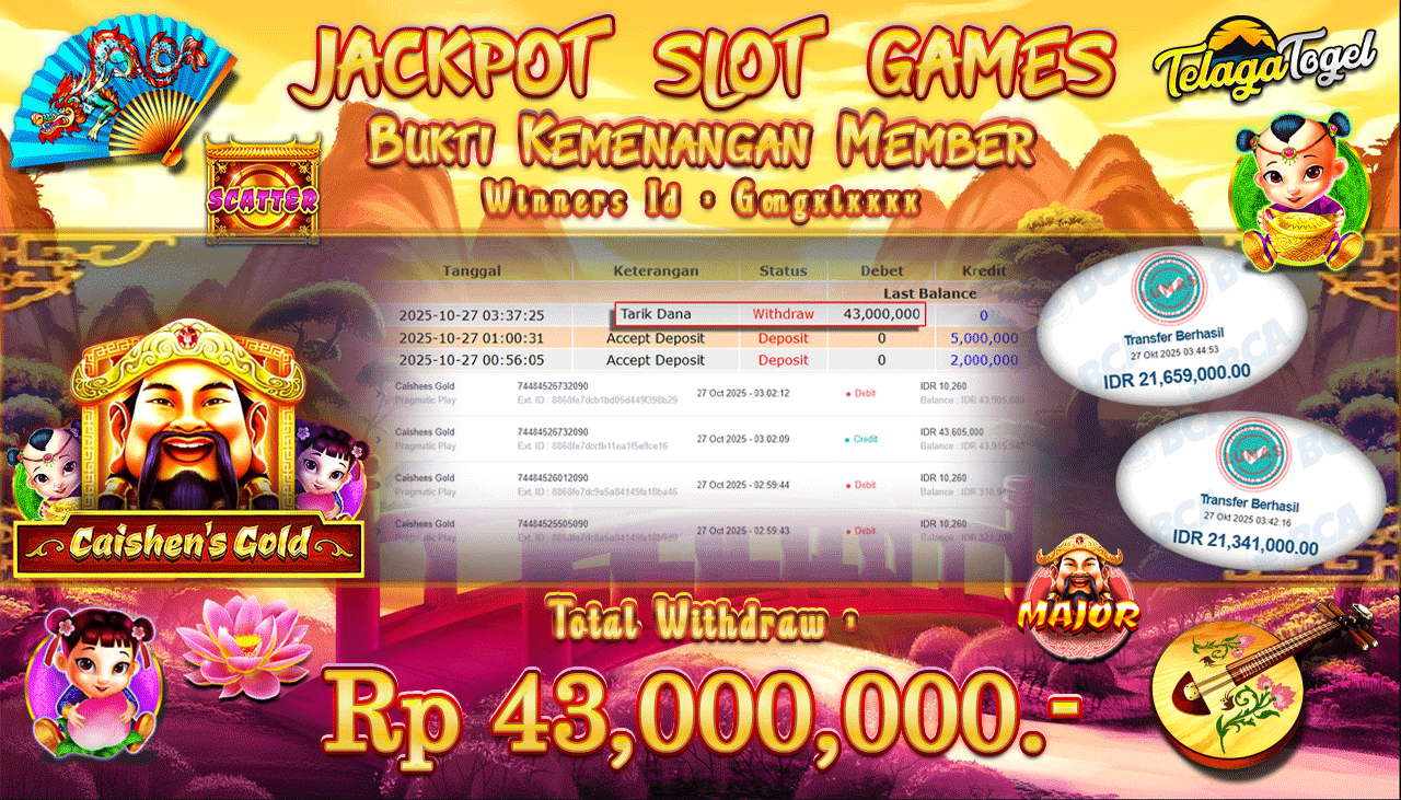 TELAGATOGEL JACKPOT SLOT CAISHEN'S GOLD Rp 43,000,000.- LUNAS  