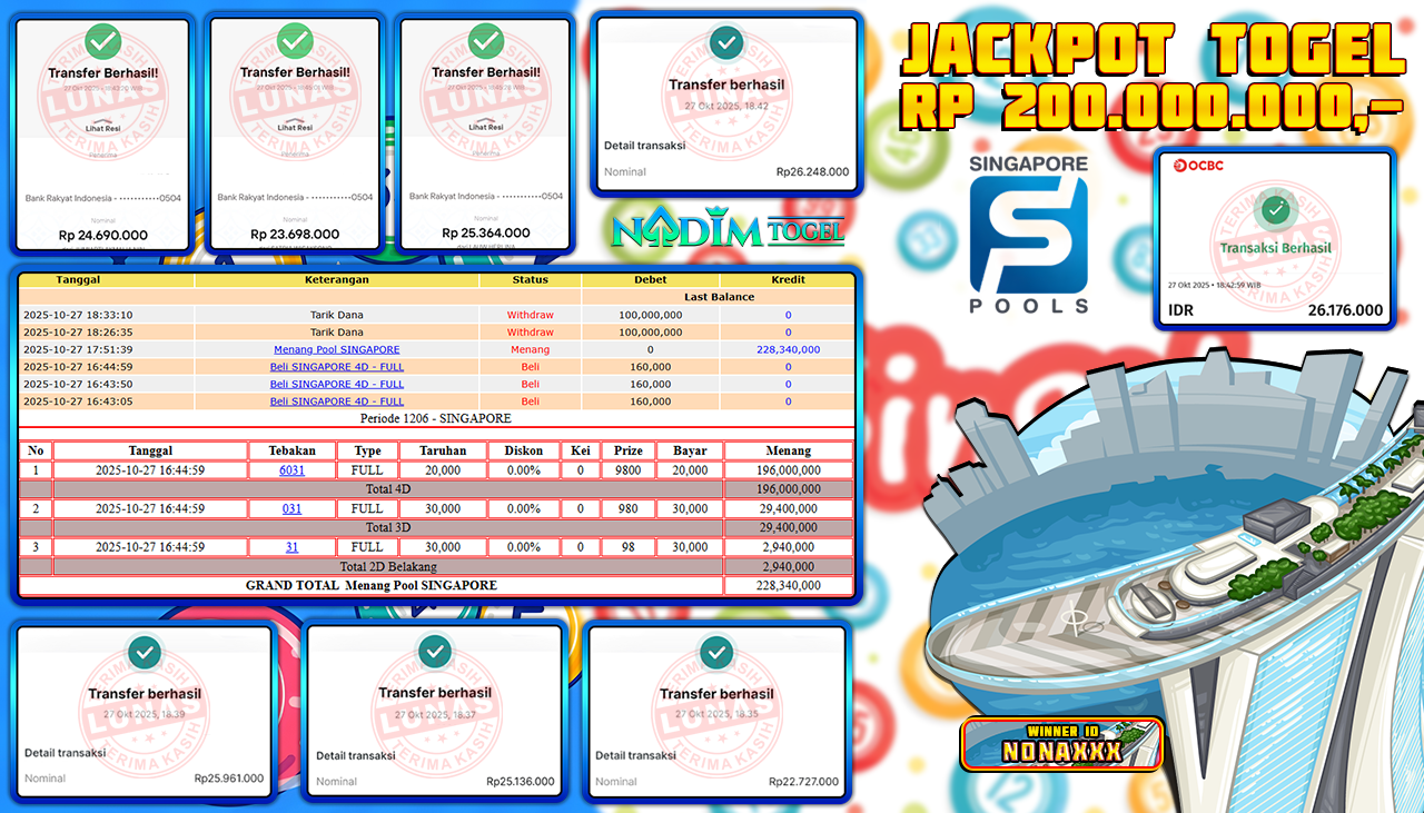 NADIMTOGEL JACKPOT TOGEL SINGAPORE POOLS  Rp 200.000.000,- LUNAS