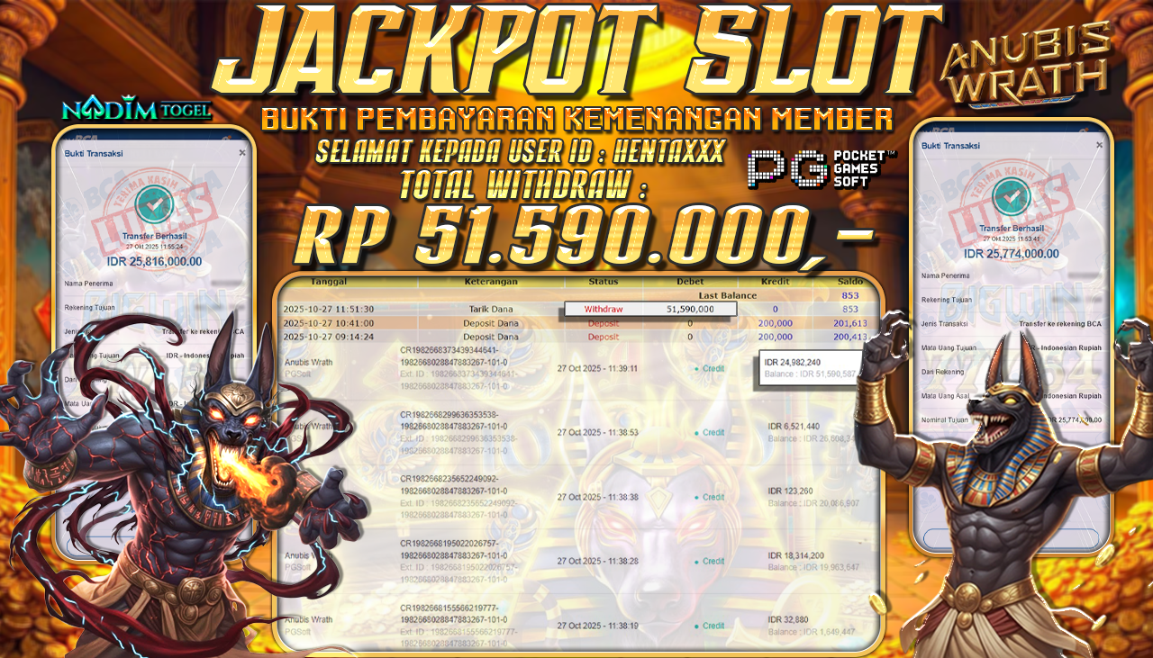 NADIMTOGEL JACKPOT SLOT ANUBIS WRATH  Rp 51.590.000,- LUNAS