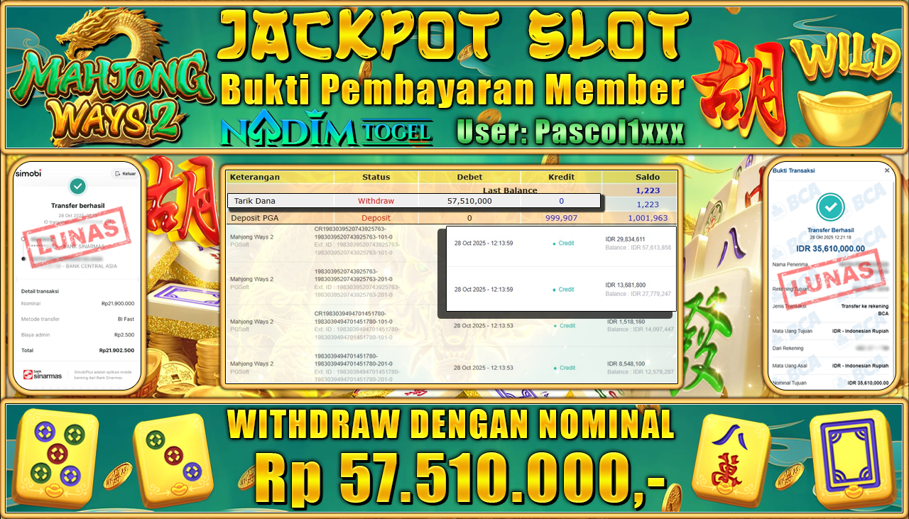 NADIMTOGEL JACKPOT SLOT MAHJONG WAYS 2 Rp 57.510.000,- LUNAS