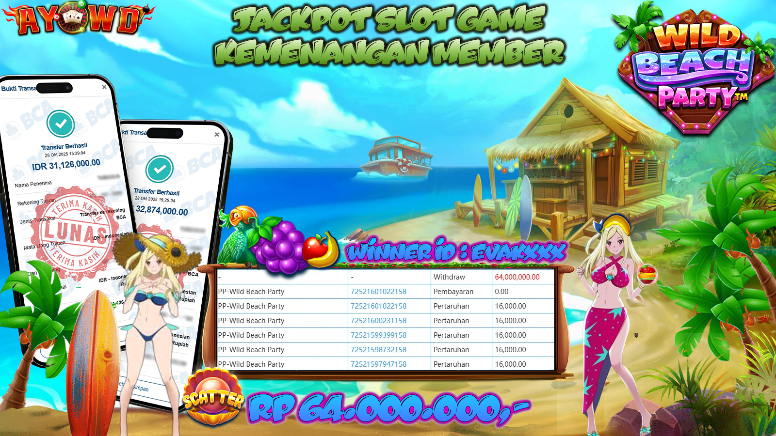 AYOWD JACKPOT SLOT GAMES PP-WILD BEACH PARTY Rp 64,000,000,- LUNAS