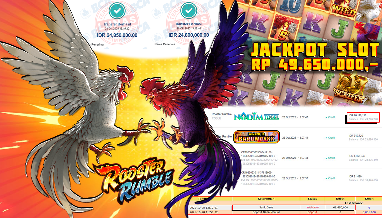 NADIMTOGEL JACKPOT SLOT ROOSTER RUMBLE Rp 49.650.000,- LUNAS