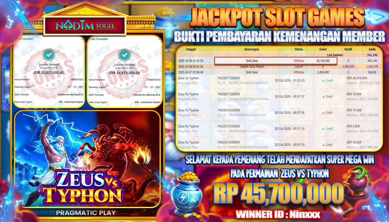 NADIMTOGEL JACKPOT SLOT ZEUS VS TYPHON  Rp 45.700.000,- LUNAS