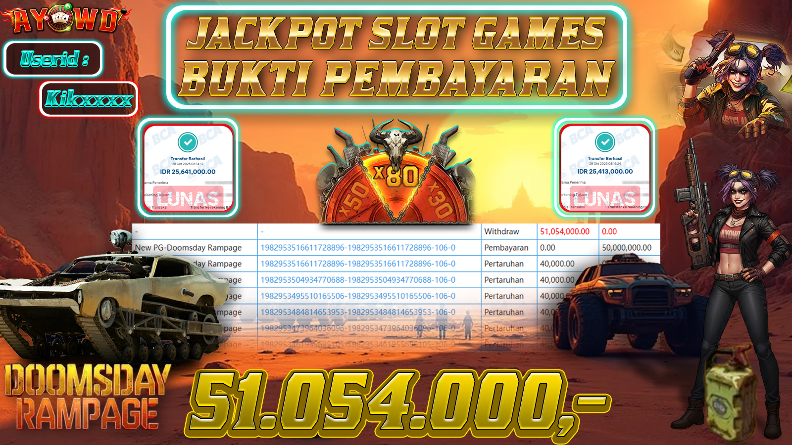 AYOWD JACKPOT SLOT GAMES New PG-Doomsday Rampage Rp 51,054,000,- LUNAS