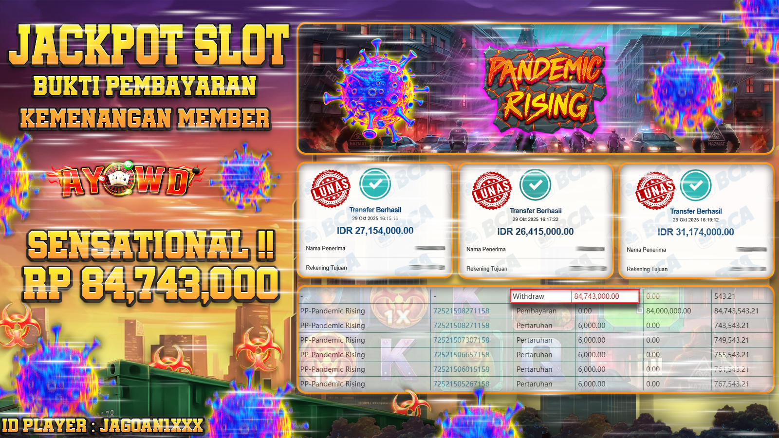 AYOWD JACKPOT SLOT GAMES PP-Pandemic Rising Rp 84,743,000,- LUNAS
