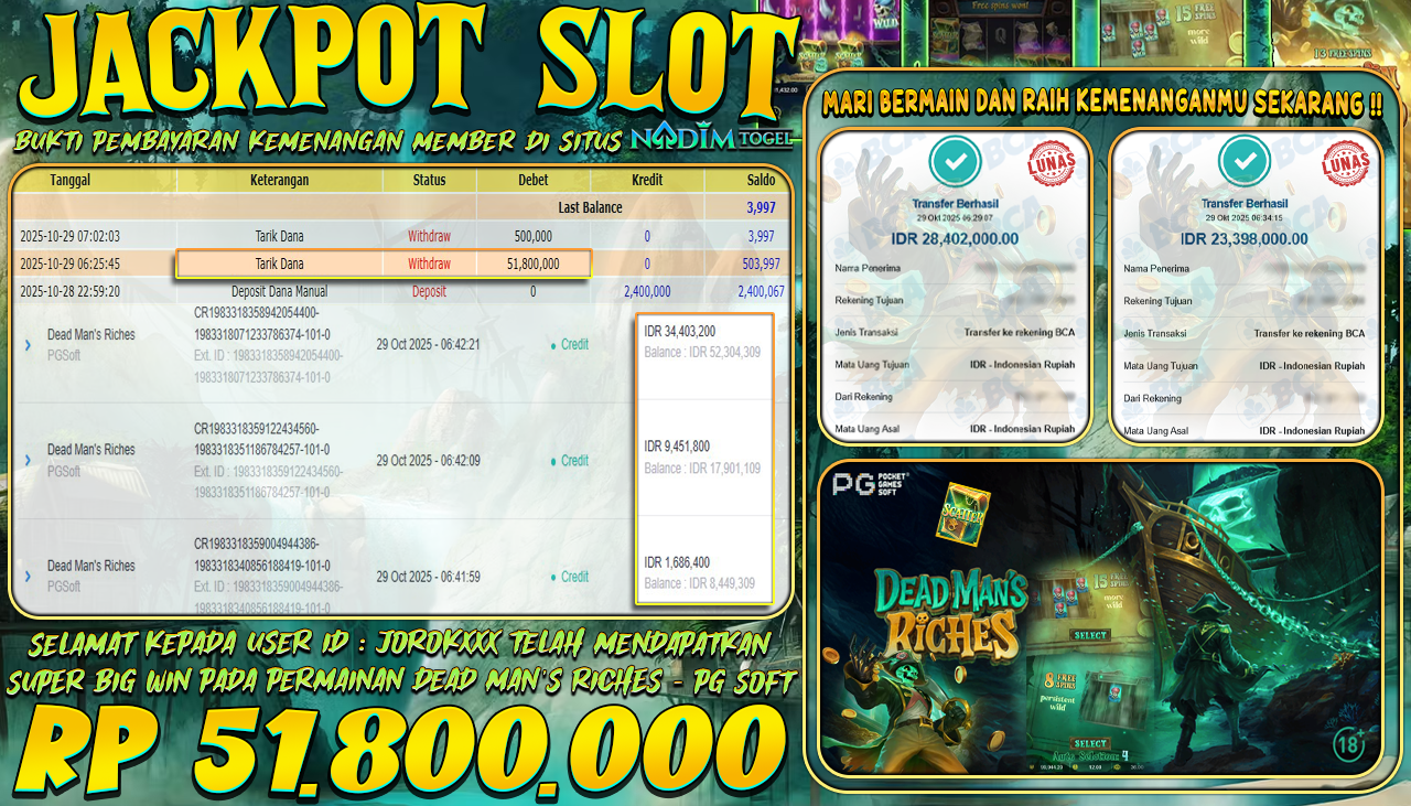 NADIMTOGEL JACKPOT SLOT DEAD MANS RICHES Rp 51.800.000,- LUNAS