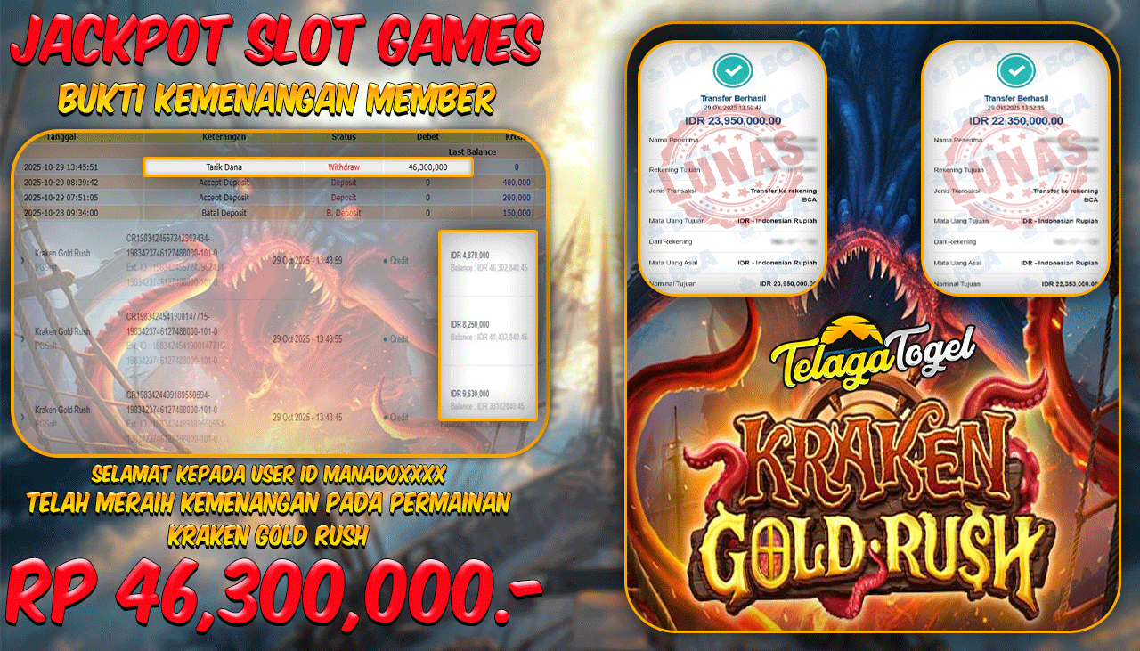 TELAGATOGEL JACKPOT SLOT KRAKEN GOLD RUSH Rp 46,300,000.- LUNAS  