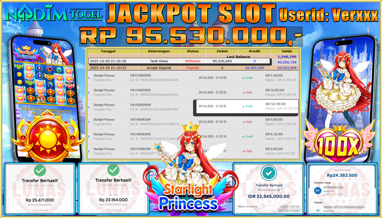 NADIMTOGEL JACKPOT SLOT STARLIGHT PRINCESS Rp 95.530.000,- LUNAS