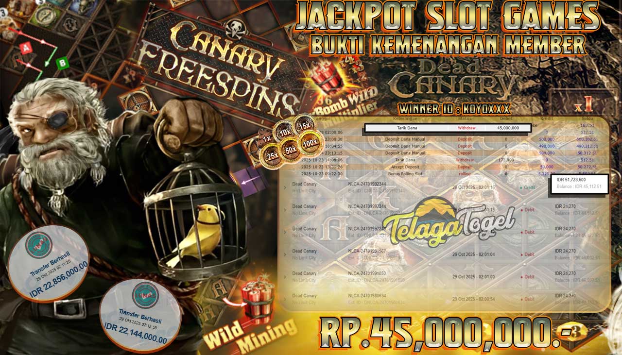 TELAGATOGEL JACKPOT SLOT DEAD CANARY Rp 45,000,000.- LUNAS  