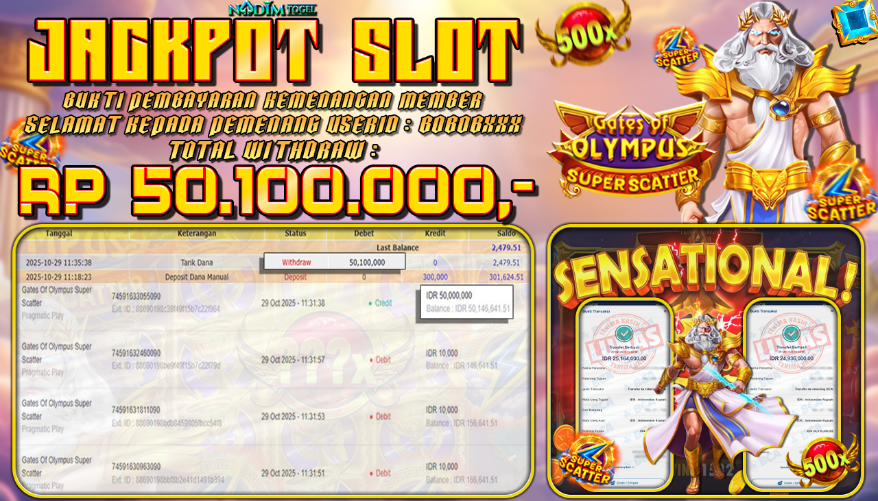 NADIMTOGEL JACKPOT SLOT GATES OF OLYMPUS SUPER SCATTER Rp 50.100.000,- LUNAS