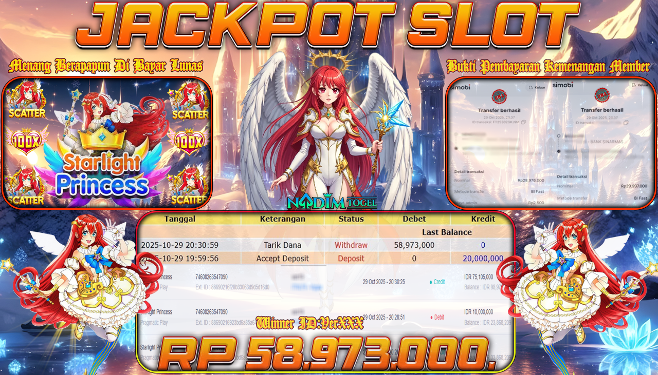 NADIMTOGEL JACKPOT SLOT STARLIGHT PRINCESS Rp 58.973.000,- LUNAS