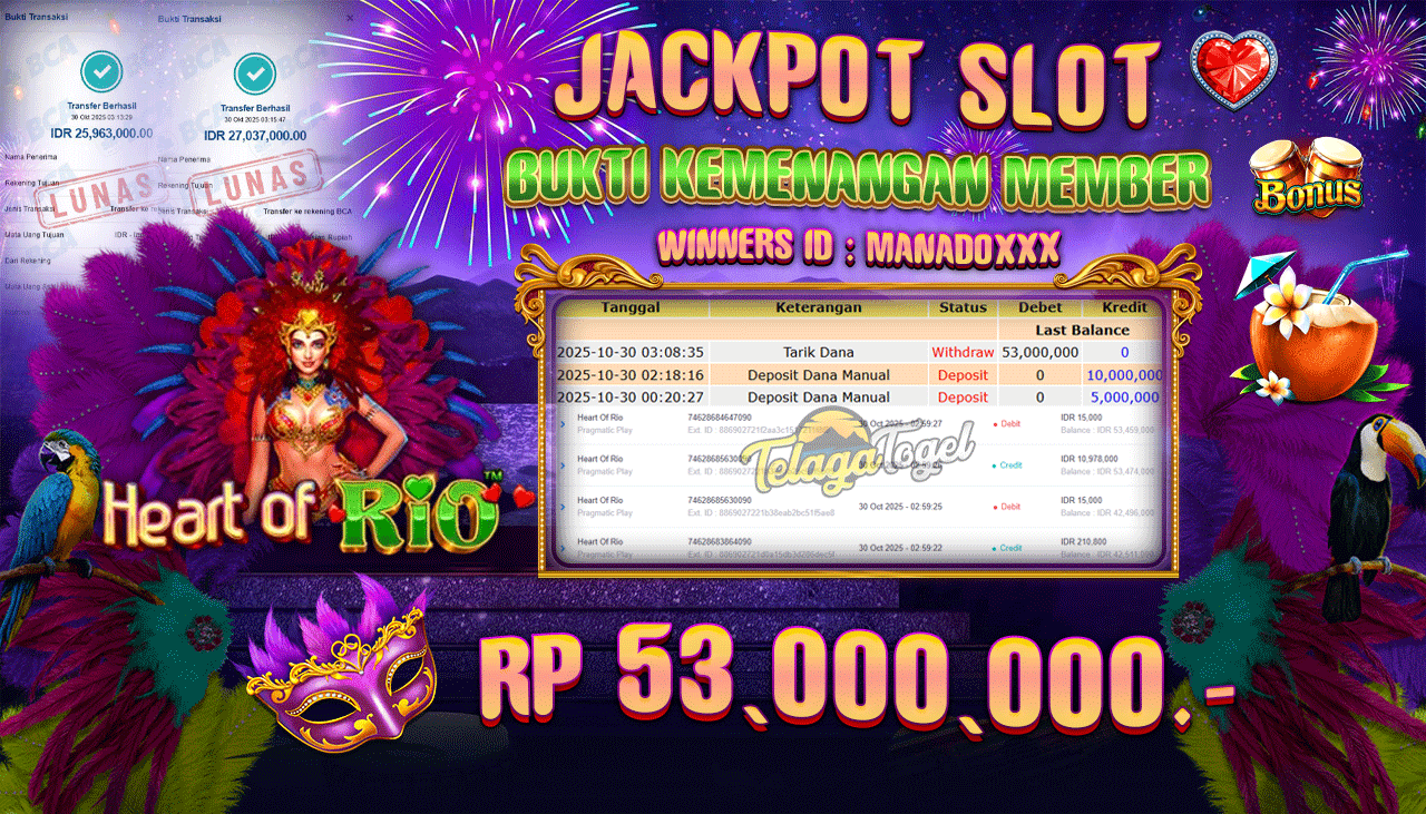 TELAGATOGEL JACKPOT SLOT HEART OF RIO Rp 53,000,000.- LUNAS  