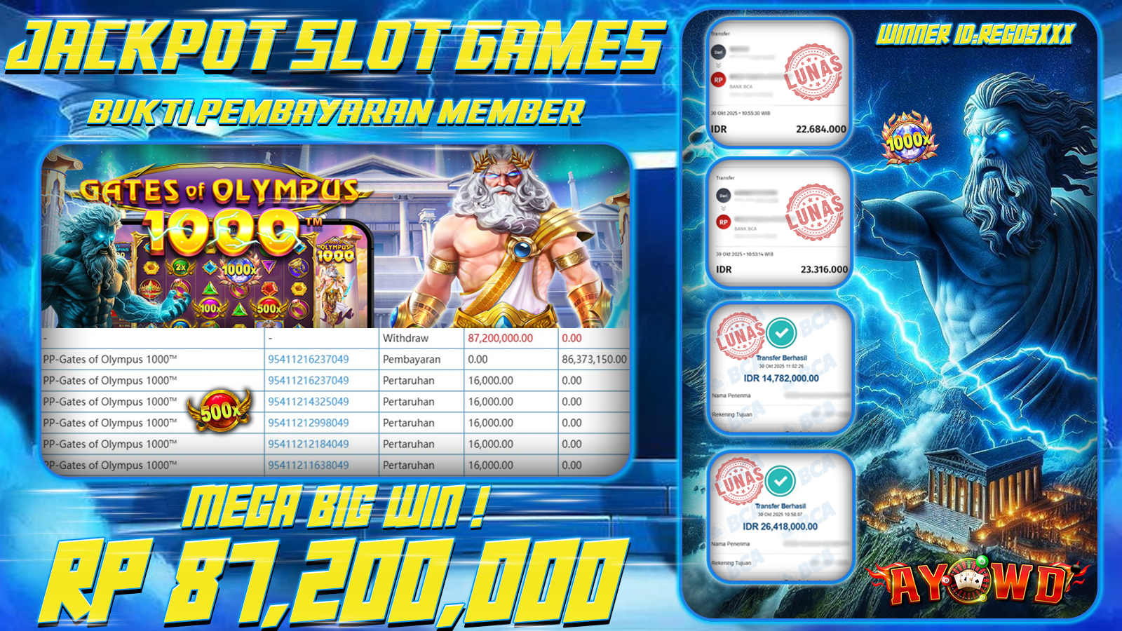 AYOWD JACKPOT SLOT GAMES PP-GATES OF OLYMPUS 1000 Rp87,200,000,- LUNAS