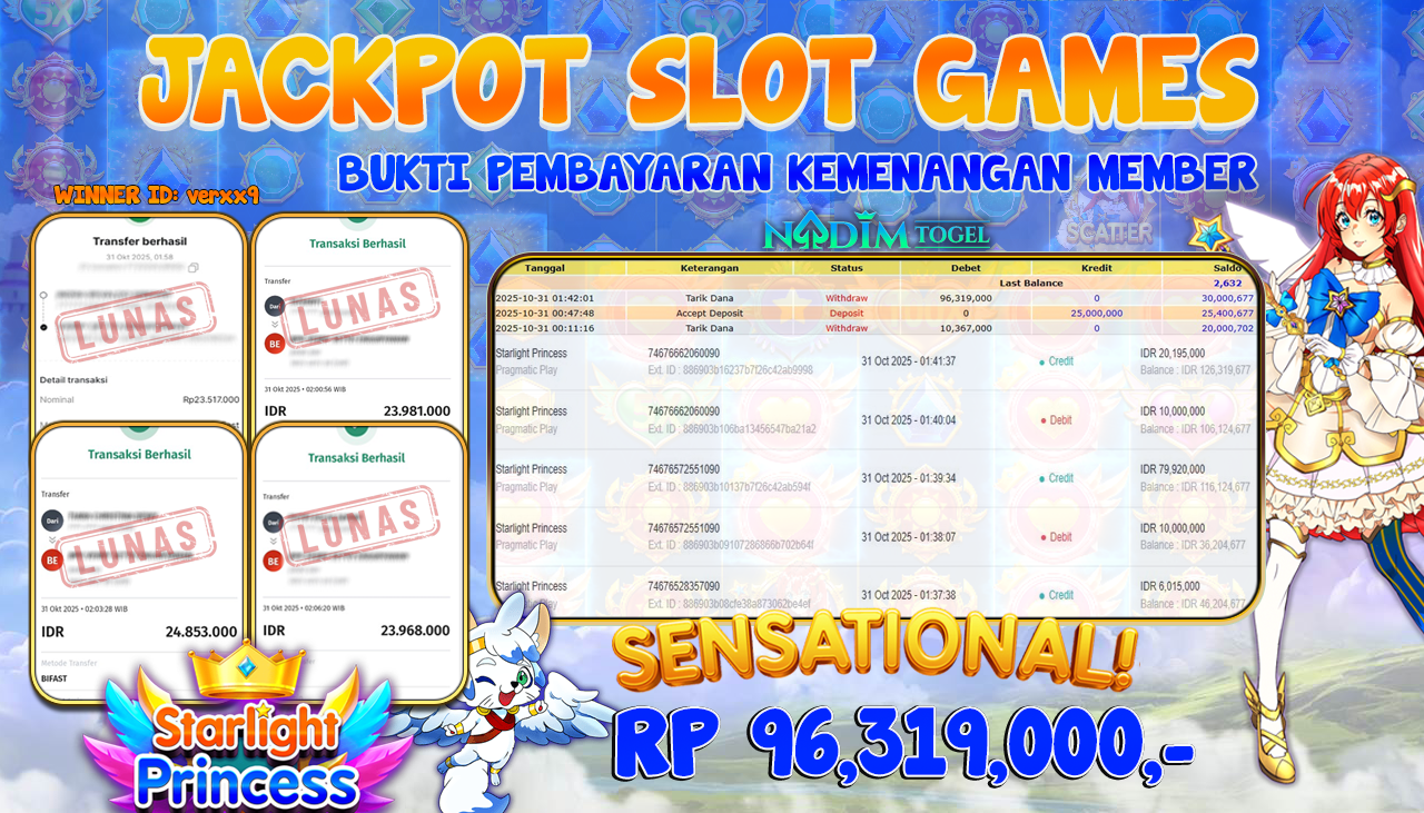 NADIMTOGEL JACKPOT SLOT STARLIGHT PRINCESS Rp 96.319.000,- LUNAS