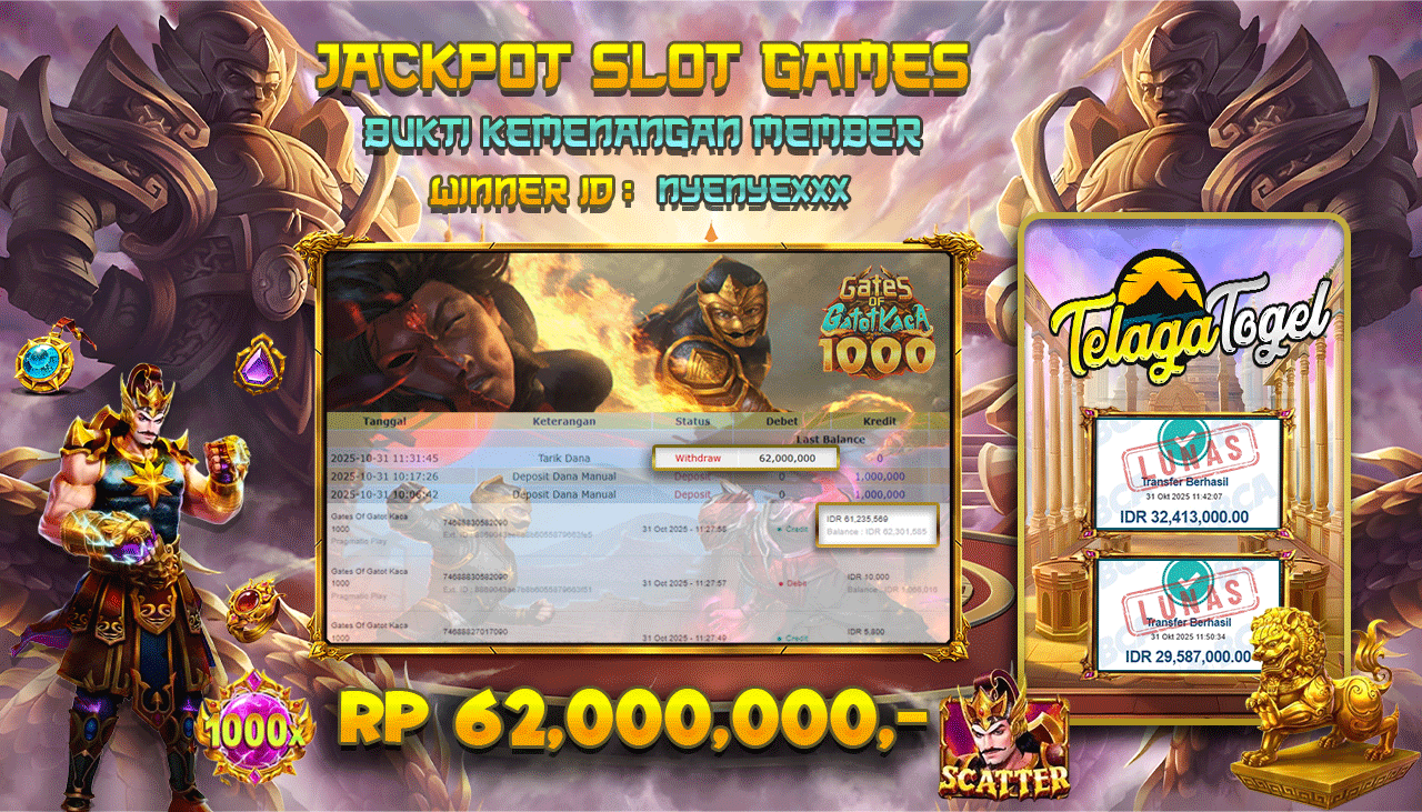 TELAGATOGEL JACKPOT SLOT GATES OF GATOT KACA 1000 Rp 62,000,000.- LUNAS  