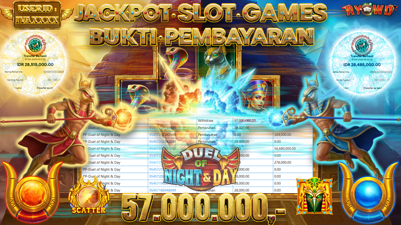 AYOWD JACKPOT SLOT GAMES PP-Duel of Night & Day Rp 57,000,000,- LUNAS