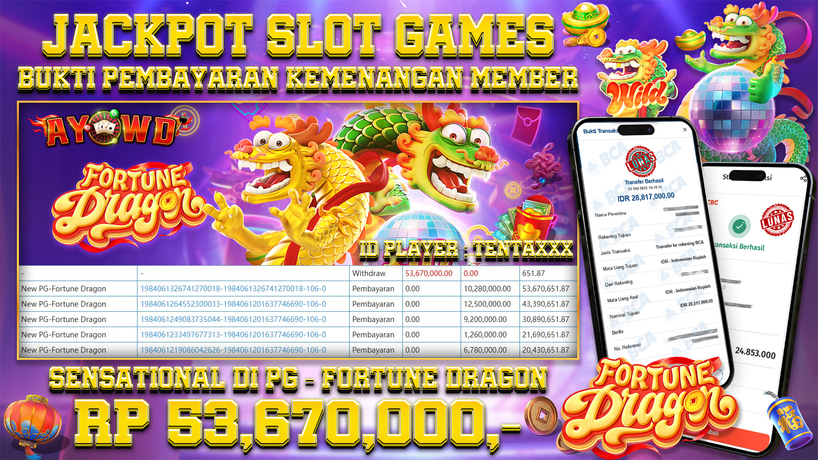 AYOWD JACKPOT SLOT GAMES New PG-Fortune Dragon Rp 53,670,000,- LUNAS