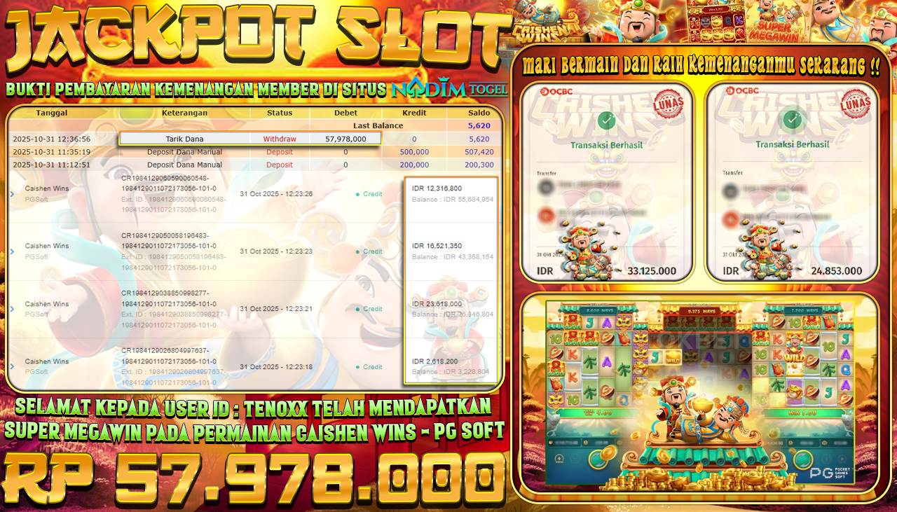 NADIMTOGEL JACKPOT SLOT CAISHEN WINS Rp 57.978.000,- LUNAS