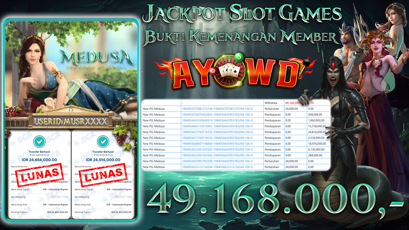 AYOWD JACKPOT SLOT GAMES New PG-Medusa Rp 49,168,000,- LUNAS