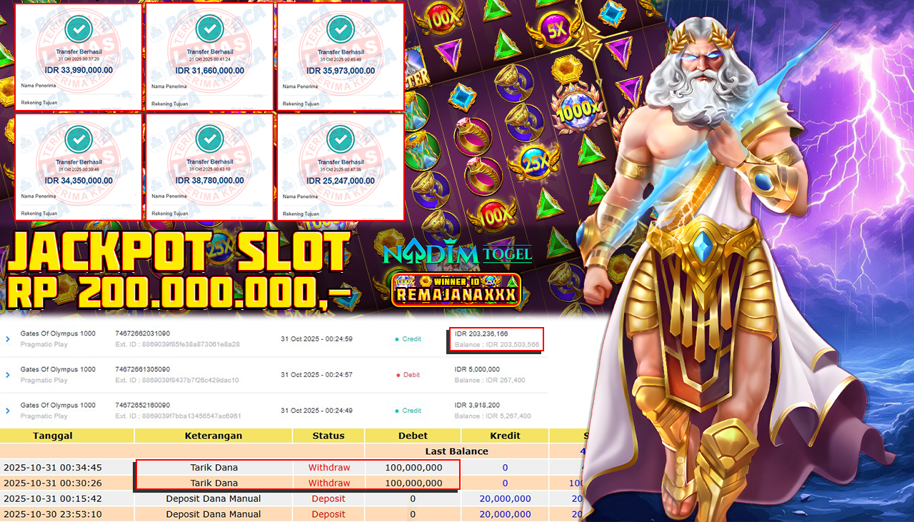 NADIMTOGEL JACKPOT SLOT GATES OF OLYMPUS 1000 Rp 200.000.000,- LUNAS