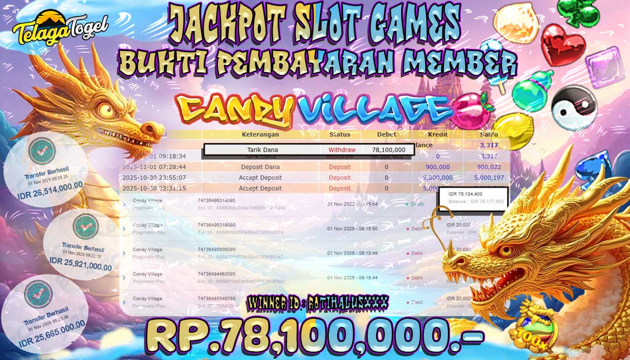 TELAGATOGEL JACKPOT SLOT CANDY VILLAGE Rp 78,100,000.- LUNAS  