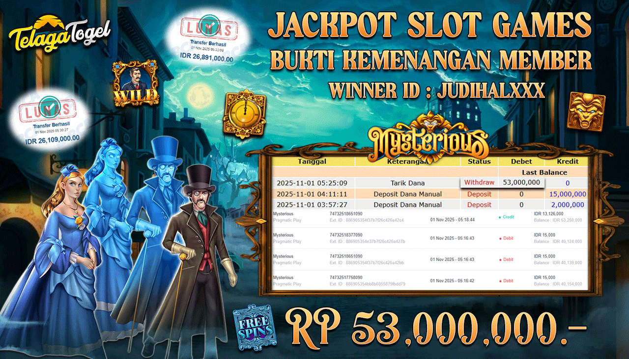 TELAGATOGEL JACKPOT SLOT MYSTERIOUS Rp 53,000,000.- LUNAS  