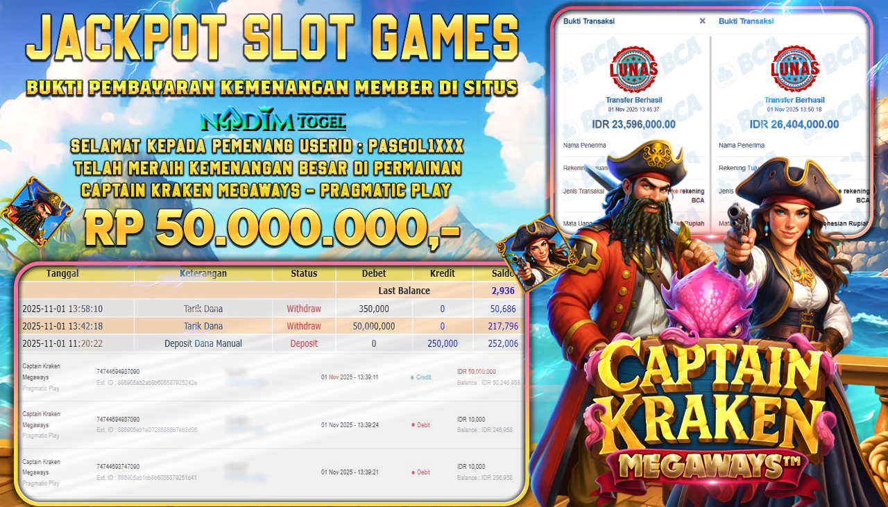 NADIMTOGEL JACKPOT SLOT CAPTAIN KRAKEN MEGAWAYS - PRAGMATIC PLAY Rp 50.000.000,- LUNAS
