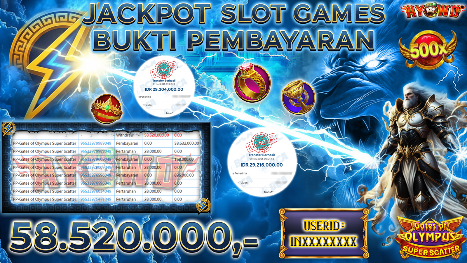 AYOWD JACKPOT SLOT GAMES PP-Gates of Olympus Super Scatter Rp 58,520,000,- LUNAS