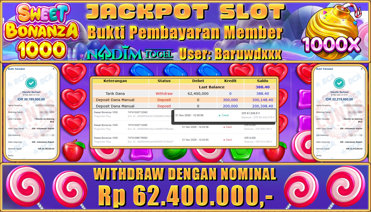 NADIMTOGEL JACKPOT SLOT SWEET BONANZA 1000 Rp 62.400.000,- LUNAS