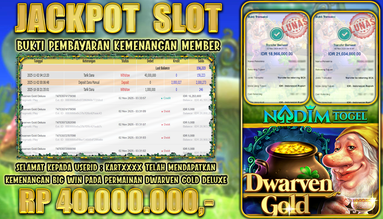 NADIMTOGEL JACKPOT SLOT DWARVEN GOLD DELUXE Rp 40.000.000,- LUNAS