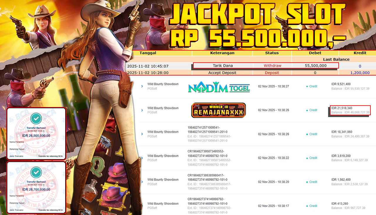 NADIMTOGEL JACKPOT SLOT WILD BOUNTY SHOWDOWN Rp 55.500.000,- LUNAS