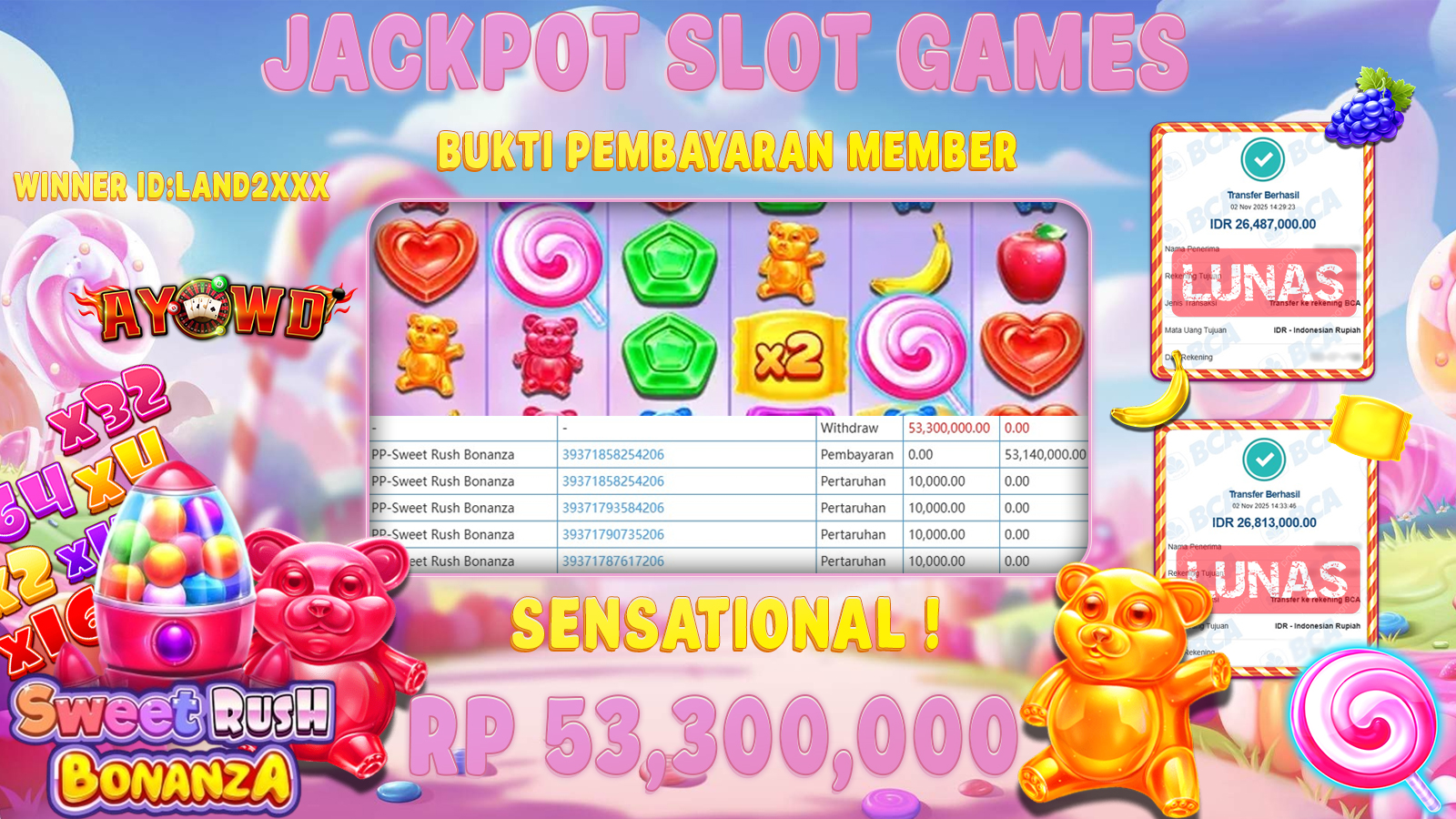 AYOWD JACKPOT SLOT GAMES  PP-SWEET RUSH BONANZA Rp 53,300,000,- LUNAS