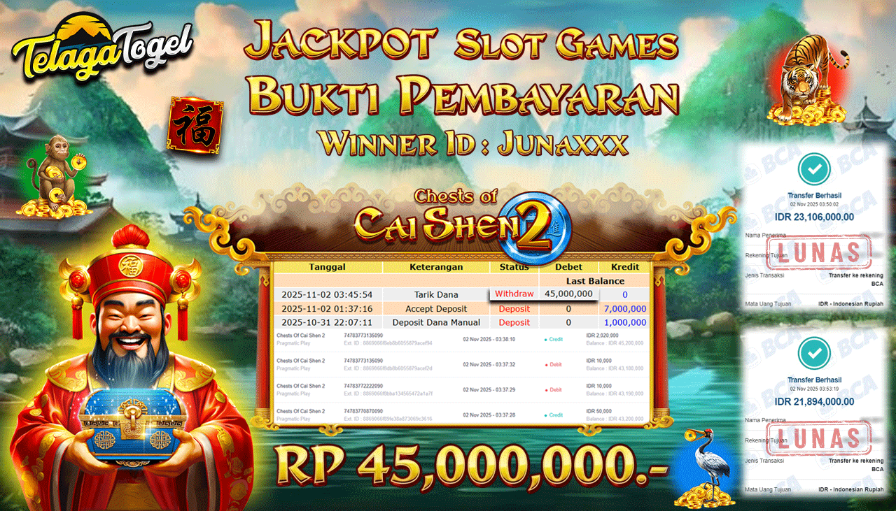 TELAGATOGEL JACKPOT SLOT CHESTS OF CAI SHEN 2  Rp 45,000,000.- LUNAS  