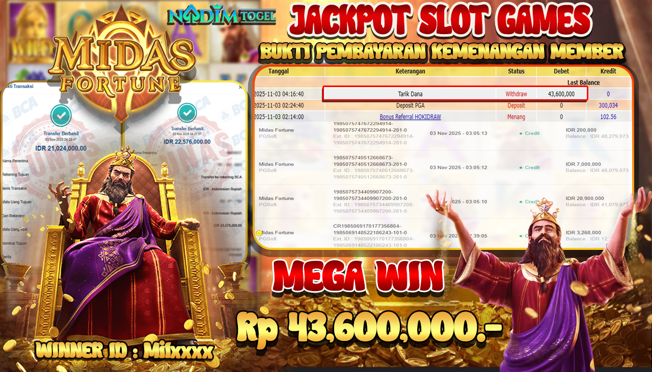 NADIMTOGEL JACKPOT SLOT MIDAS FORTUNE Rp 43.600.000,- LUNAS
