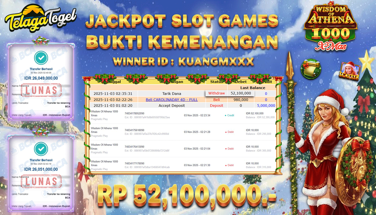 TELAGATOGEL JACKPOT SLOT WISDOM OF ATHENA 1000 XMAS Rp 52,100,000.- LUNAS  