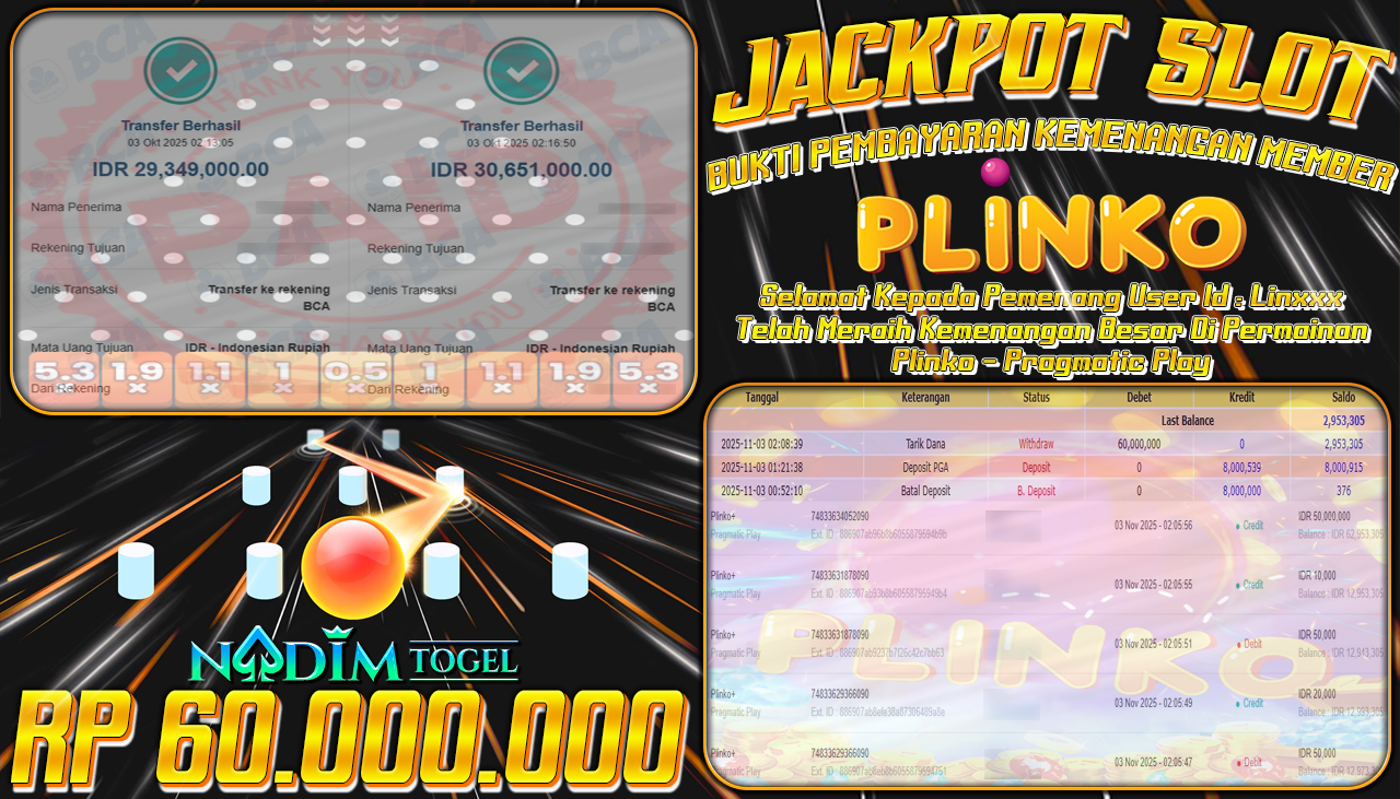 NADIMTOGEL JACKPOT SLOT PLINKO+ Rp 60.000.000,- LUNAS