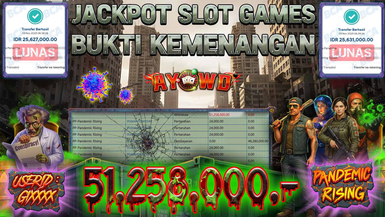 AYOWD JACKPOT SLOT GAMES  PP-Pandemic Rising Rp 51,258,000,- LUNAS