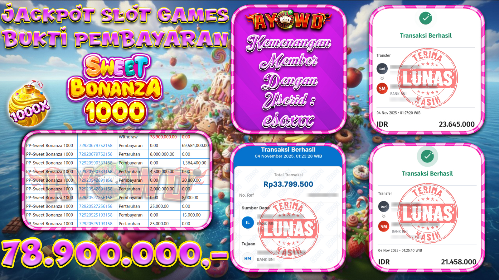 AYOWD JACKPOT SLOT GAMES  PP-Sweet Bonanza 1000 Rp 78,900,000,- LUNAS