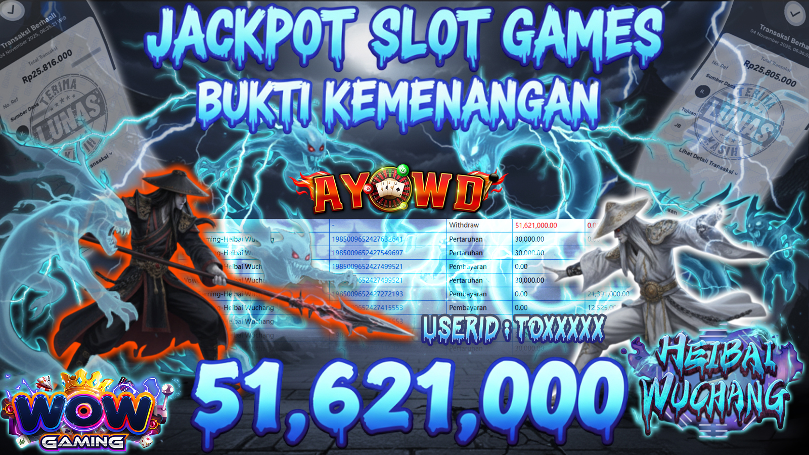 AYOWD JACKPOT SLOT GAMES  WowGaming-Heibai Wuchang Rp 51,621,000,- LUNAS