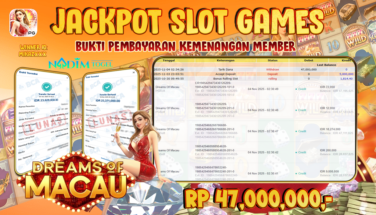 NADIMTOGEL JACKPOT SLOT DREAMS OF MACAU Rp 47.000.000,- LUNAS