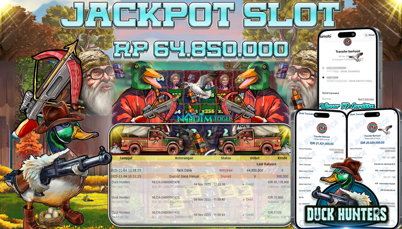 NADIMTOGEL JACKPOT SLOT DUCK HUNTERS Rp 64.850.000,- LUNAS