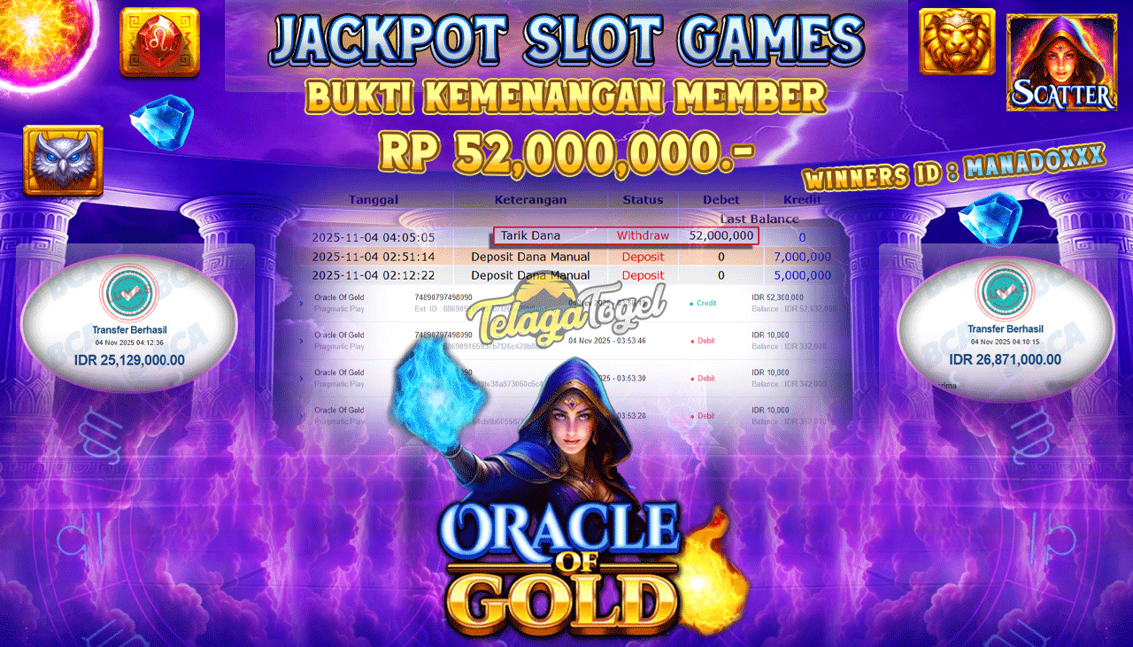TELAGATOGEL JACKPOT SLOT ORACLE OF GOLD Rp 52,000,000.- LUNAS  