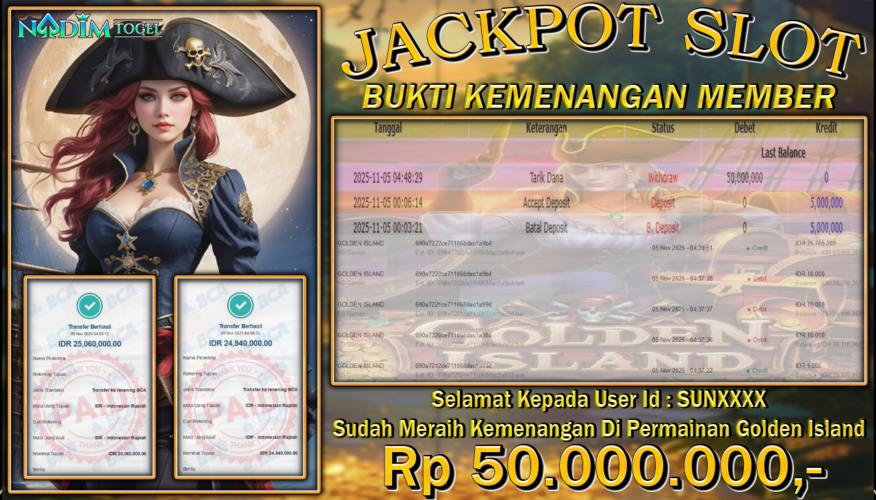 NADIMTOGEL JACKPOT SLOT GOLDEN ISLAND Rp 50.000.000,- LUNAS