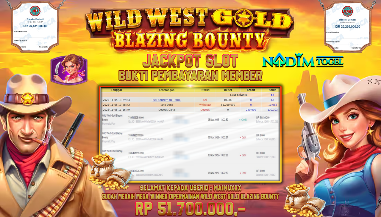 NADIMTOGEL JACKPOT SLOT WILD WEST GOLD BLAZING BOUNTY Rp 51.700.000,- LUNAS