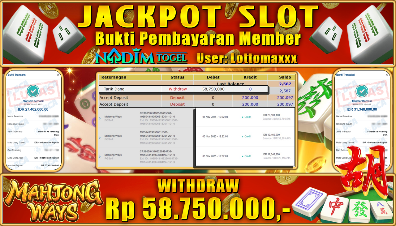 NADIMTOGEL JACKPOT SLOT MAHJONG WAYS Rp 58.750.000,- LUNAS