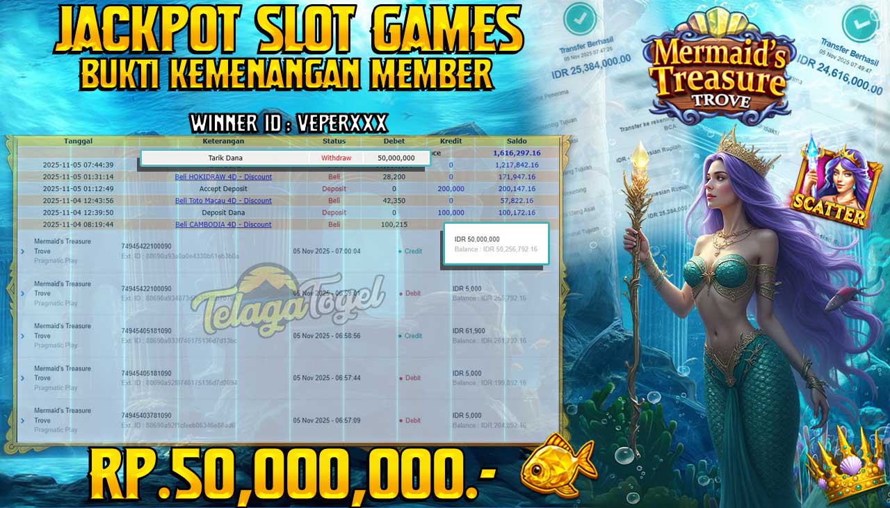 TELAGATOGEL JACKPOT SLOT MERMAID'S TREASURE TROVE Rp 50,000,000.- LUNAS  