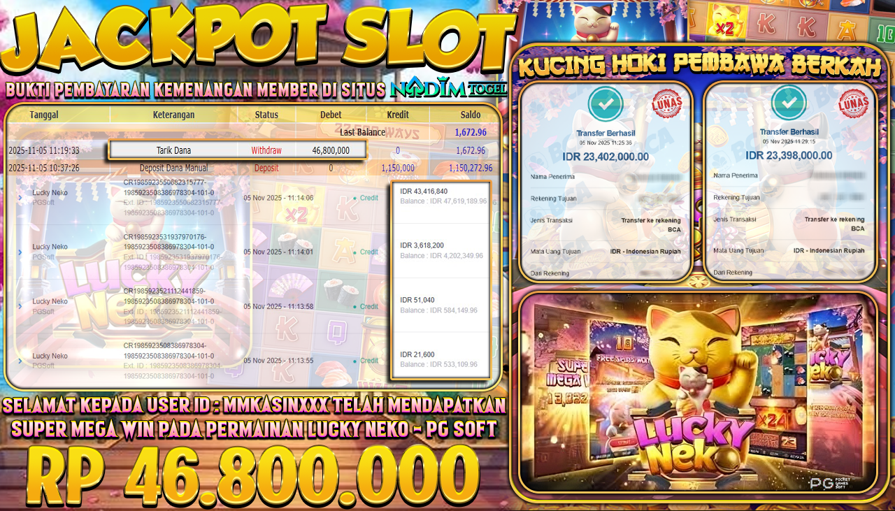 NADIMTOGEL JACKPOT SLOT LUCKY NEKO Rp 46.800.000,- LUNAS