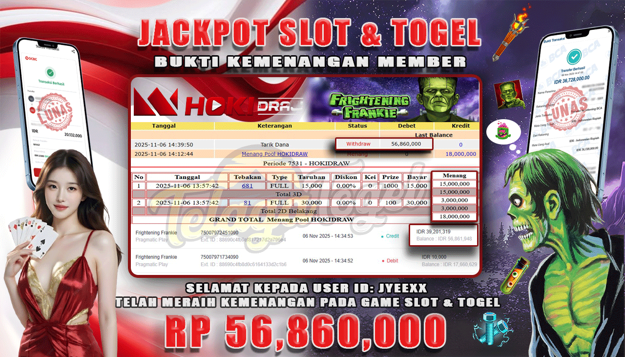 TELAGATOGEL JACKPOT SLOT FRIGHTENING FRANKIE & TOGEL HOKIDRAW Rp 56,860,000.- LUNAS  