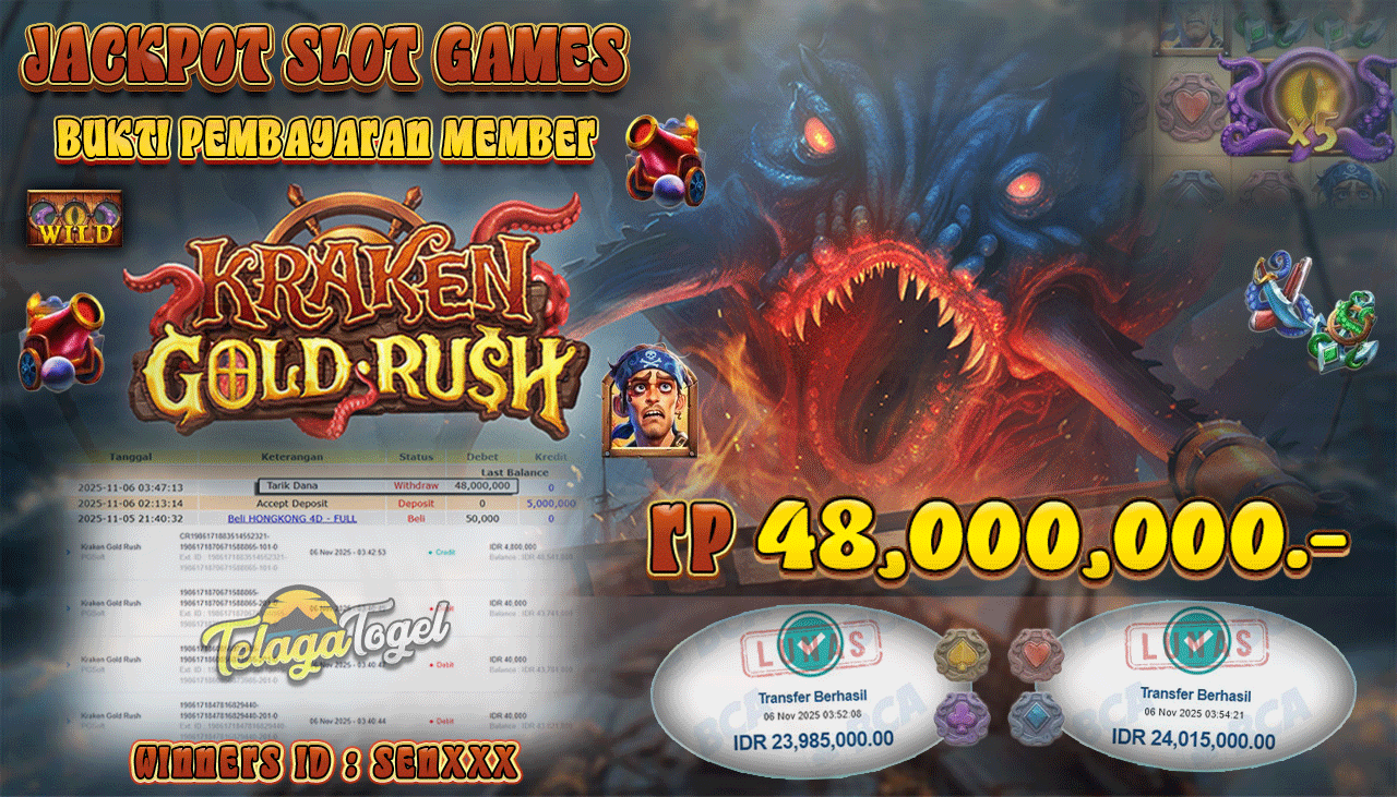 TELAGATOGEL JACKPOT SLOT KRAKEN GOLD RUSH - PG SOFT Rp 48,000,000.- LUNAS  