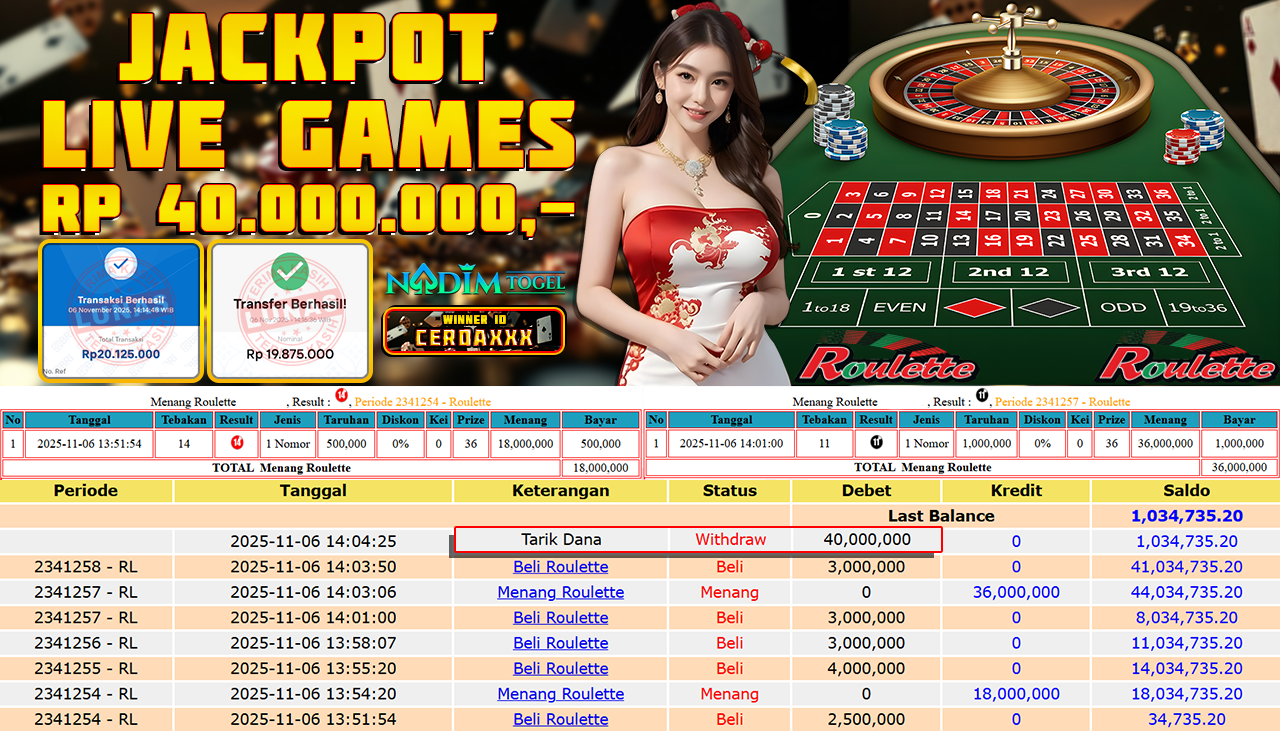 NADIMTOGEL JACKPOT LIVE GAMES ROULETTE No Limit Rp 40.000.000,- LUNAS